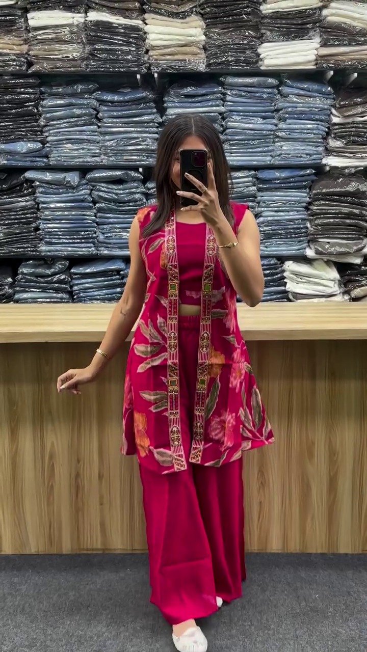 Hot Pink Printed Indo-Fusion Co-Ord Set with Jacket Layer - Image 2