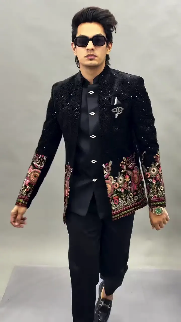 Men Black Velvet Jodhpuri Bandhgala Jacket with Floral Embroidery – Designer Wedding & Party Wear Blazer