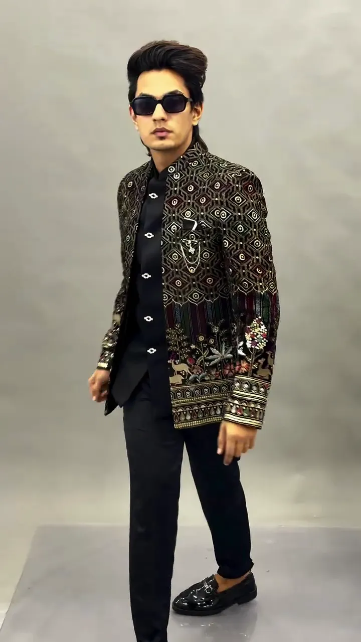 Men Black Velvet Jodhpuri Bandhgala Jacket with Floral Embroidery – Designer Wedding & Party Wear Blazer - Image 3