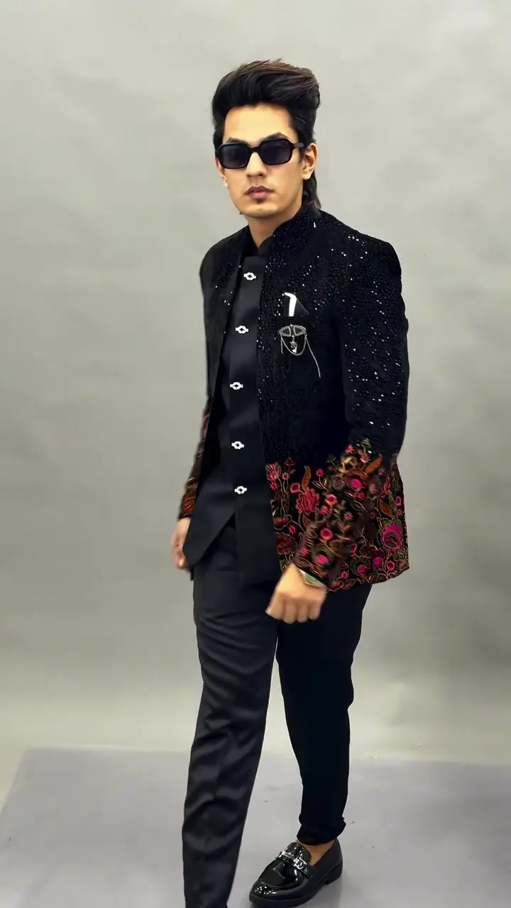 Men Black Velvet Jodhpuri Bandhgala Jacket with Floral Embroidery – Designer Wedding & Party Wear Blazer - Image 4