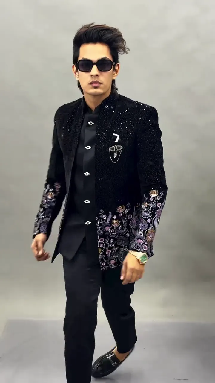 Men Black Velvet Jodhpuri Bandhgala Jacket with Floral Embroidery – Designer Wedding & Party Wear Blazer - Image 5