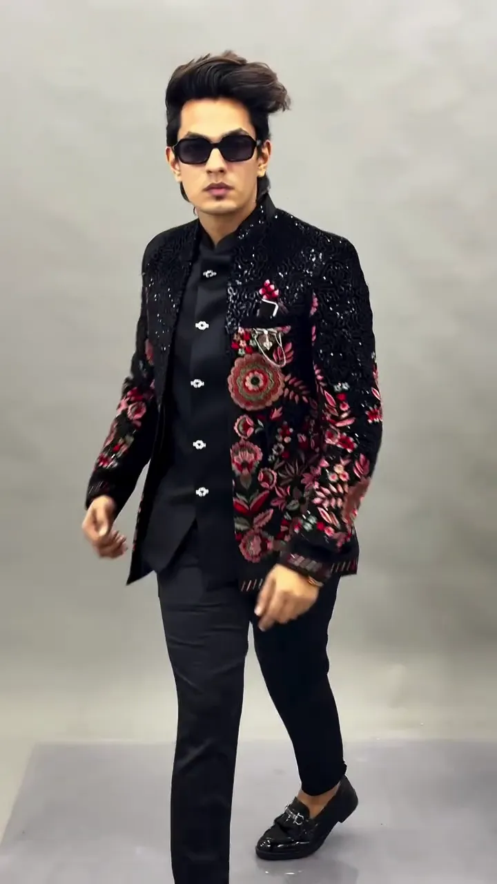 Men Black Velvet Jodhpuri Bandhgala Jacket with Floral Embroidery – Designer Wedding & Party Wear Blazer - Image 6
