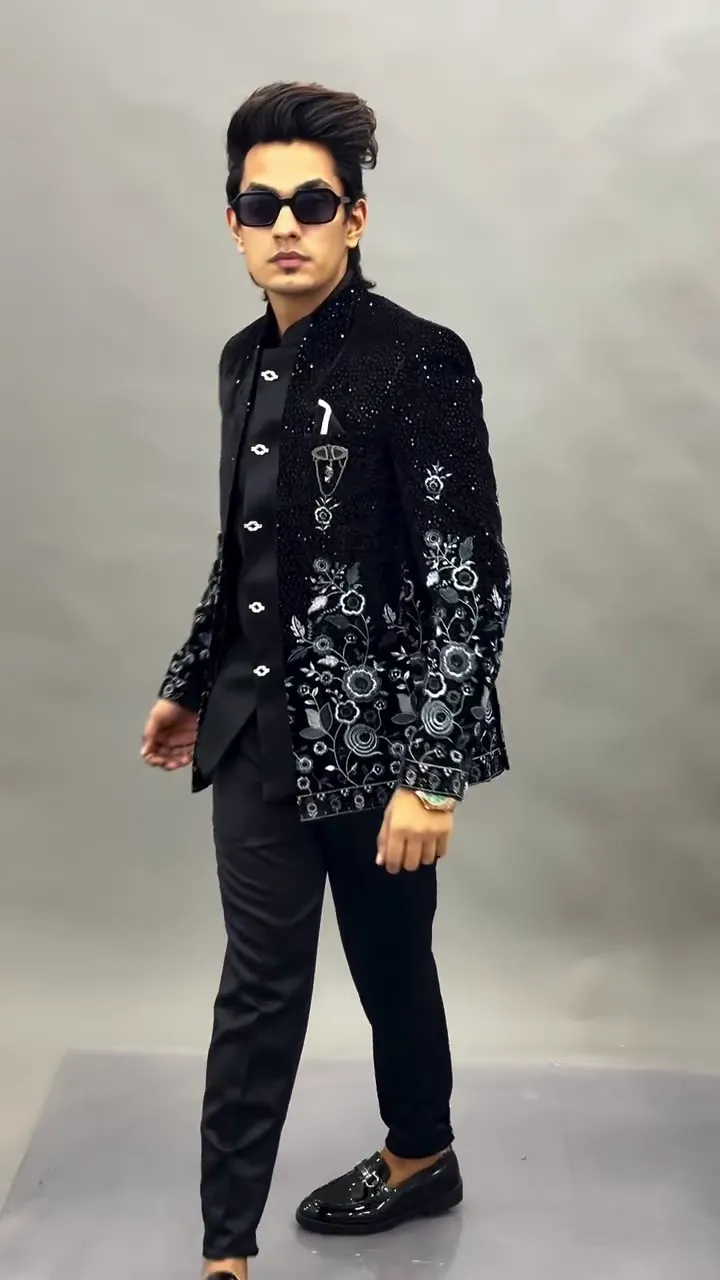 Men Black Velvet Jodhpuri Bandhgala Jacket with Floral Embroidery – Designer Wedding & Party Wear Blazer - Image 7