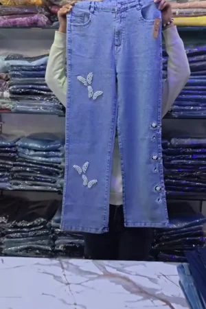 π¦ Light Blue Wide-Leg Denim Jeans for Women β Butterfly & Floral Embroidery with Frayed Hem β¨