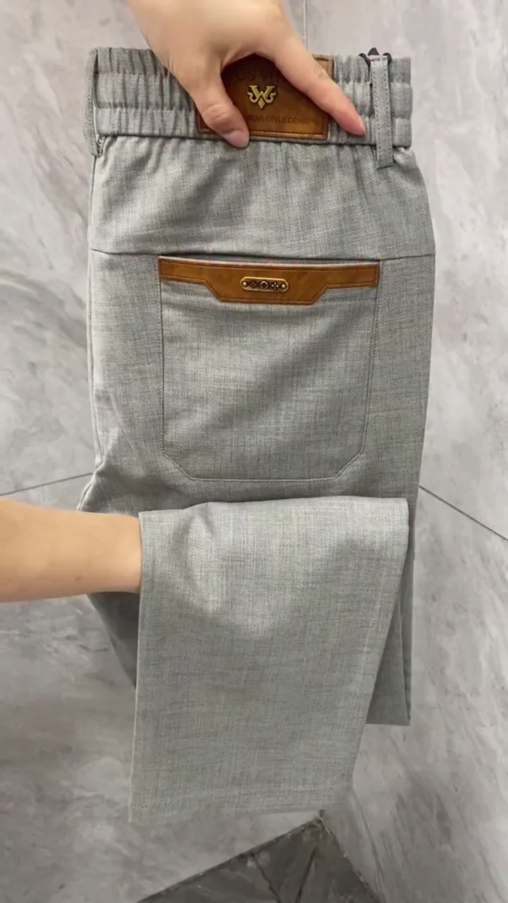 Men’s Grey Formal Trousers – Slim Fit Stretch Pants with Leather Accent Pockets ✨