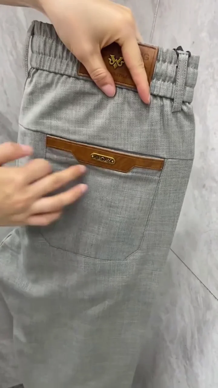 Men’s Grey Formal Trousers – Slim Fit Stretch Pants with Leather Accent Pockets ✨ - Image 2