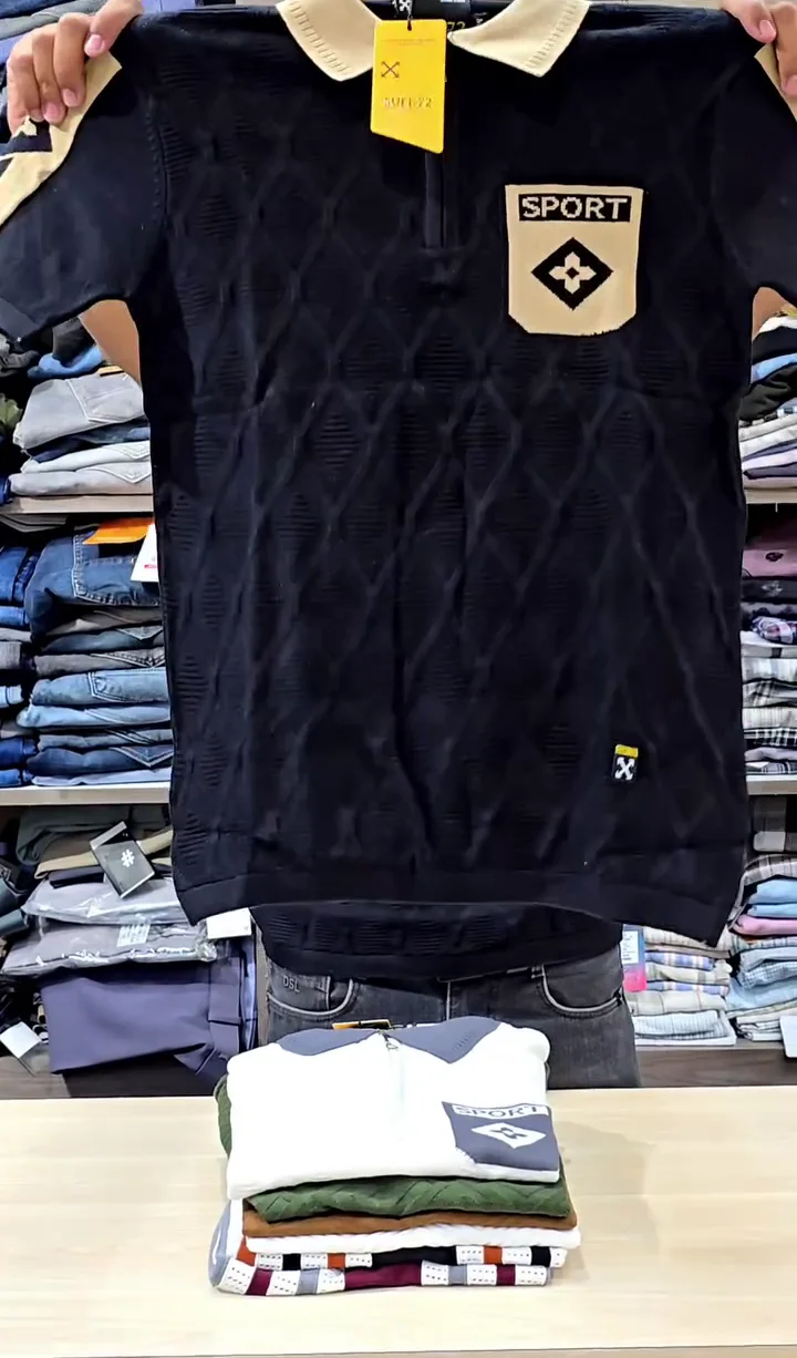π Menβs Navy Knitted Polo Shirt with Zip β Slim Fit Retro Style Cotton Blend T-Shirt β¨ - Image 2